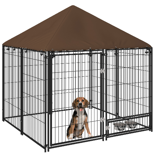 PawHut Recinto per Cani in Metallo e Tessuto Oxford con Porticina per Ciotole, 141x141x151 cm, Nero e Marrone