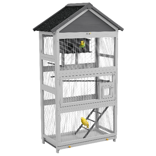 PawHut Voliera per Uccellini a 3 Porte con Casetta e Vassoio, in Legno e Metallo, 92x52x171 cm