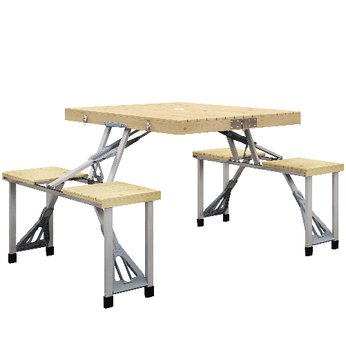 Outsunny Tavolo da Picnic Pieghevole con Sgabelli Integrati e Foro per Ombrellone in Alluminio e Legno