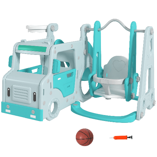 AIYAPLAY Set Scivolo per Bambini 18-48 Mesi con Altalena, Macchinina e Canestro, 201x151x87.5cm, Azzurro