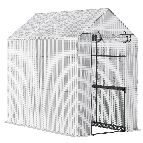 Outsunny Serra a Casetta con Rivestimento in PE, Porta a Cerniera e 4 Ripiani, 186x120x190cm, Bianco