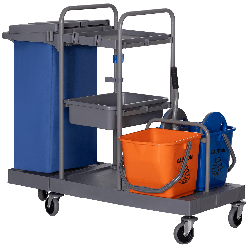 HOMCOM Carrello Pulizie a 3 Ripiani con Sacco per Immondizia e Strizzatore, 111x63.3x103 cm