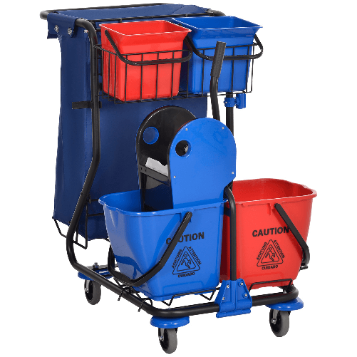HOMCOM Carrello Pulizie con Sacco per Immondizia, 4 Secchi e Strizzatore per Mocio, 93x80x97 cm