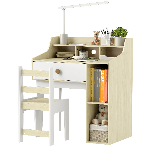 AIYAPLAY Set Scrivania per Bambini e Sedia in Legno con Scaffale e Cassetto, Età 3-10 Anni, Bianco e Legno
