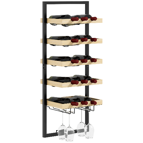 HOMCOM Portabottiglie da Parete in Legno e Acciaio per 15 Bottiglie di Vino e 4 Calici, 35x25x86cm