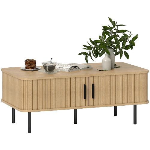 HOMCOM Tavolino da Caffè con 2 Ripiani Portaoggetti e Ante Scorrevoli, in Legno e Acciaio, 100x55x40 cm