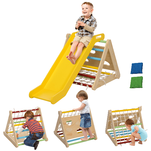 AIYAPLAY Gioco Arrampicata Bambini con Triangolo Montessori 5 in 1 con Corda, Scivolo e Sacchi, in Legno, 119x63x61 cm