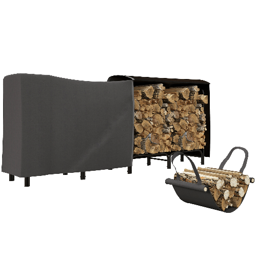 Outsunny Portalegna da Interno ed Esterno in Metallo con Telo Porta Legna e Copertura, 240x36x99cm, Nero
