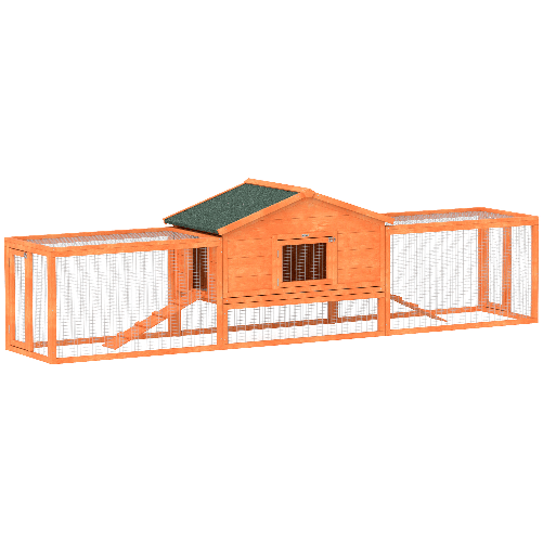 PawHut Conigliera da Esterno con Casetta, Rampe e 2 Recinti in Legno, 309x69.5x87cm, Arancione