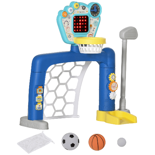 AIYAPLAY Gioco per Bambini con Rete da Calcio, Canestro Basket Regolabile e Buca da Golf, 54x38.8x60.4