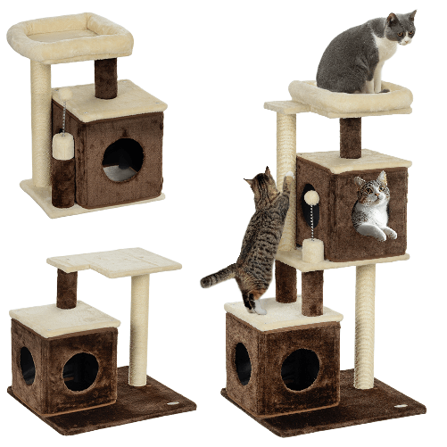PawHut Albero Tiragraffi per Gatti con 2 Casette, Lettino, Piattaforme di Salto e Pallina, in Legno