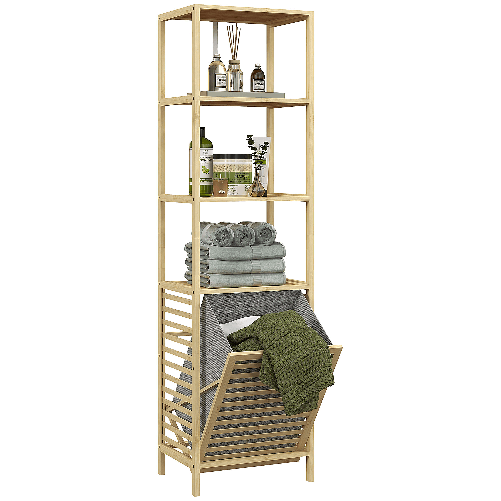 HOMCOM Colonna Bagno con 3 Ripiani in Legno di Bambù e Cesto Portabiancheria in Tessuto, 44x33x160cm