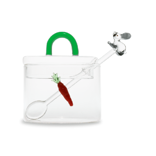Zuccheriera in vetro con cucchiaino e decori in vetro colorato con figura Coniglio e Carota