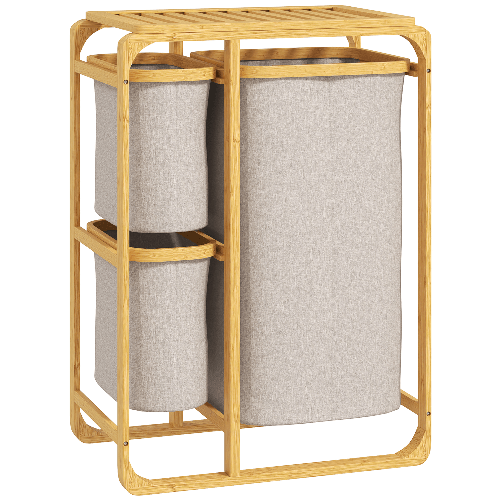 HOMCOM Cestino Portabiancheria in Bambù con 3 Sacchi e Ripiani Estraibili in Tessuto, 50x32x69.7 cm, color Bambù e Crema