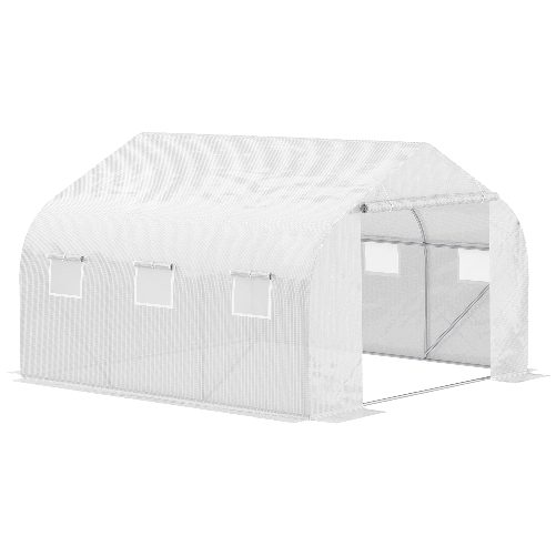 Outsunny Serra a Tunnel per Esterni con 6 Finestre a Rete, in Metallo e Plastica PE, 3.5x3 m, Bianca