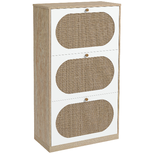 HOMCOM Scarpiera Stile Boho in Rattan, Truciolato e MDF con 3 Ripiani Regolabili per 18 Paia max, 60x24x115 cm