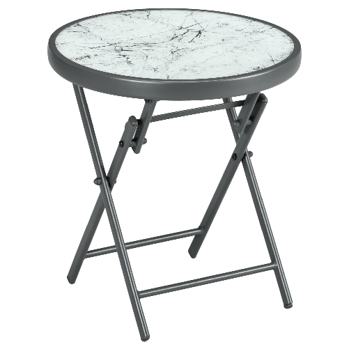 Outsunny Tavolino da Caffè per Giardino Pieghevole con Piano in Vetro Effetto Marmo, Ø45x50cm, Grigio