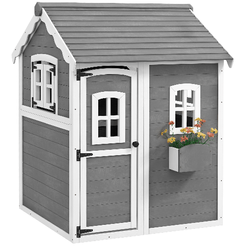 Outsunny Casetta per Bambini 3-8 Anni con 6 Finestre e Fioriera, in Legno di Abete, 104.5x110x137 cm, Grigia
