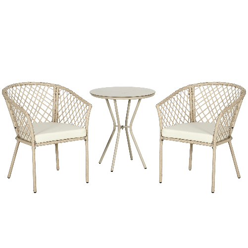 Outsunny Set da Giardino in Rattan con 2 Poltroncine con Cuscini e Tavolino da Caffè in Vetro, Khaki