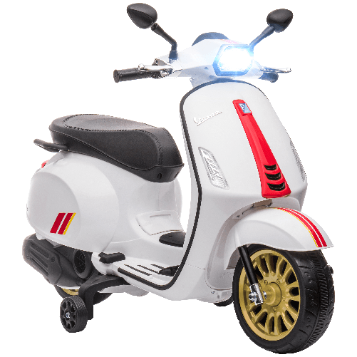 AIYAPLAY Moto Elettrica per Bambini a Licenza Vespa con Rotelle, Fanale e Musica, in PP e Metallo, 107x47x73 cm, Bianco