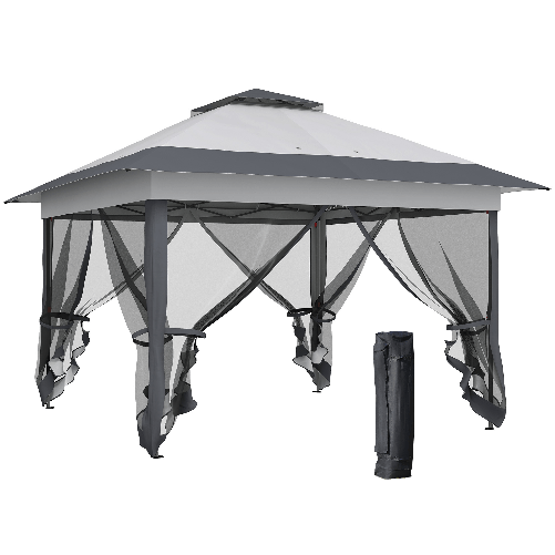 Outsunny Gazebo Pieghevole 3.6x3.6m con Prese d'Aria e Zanzariere, in Acciaio e Tessuto Oxford, Grigio
