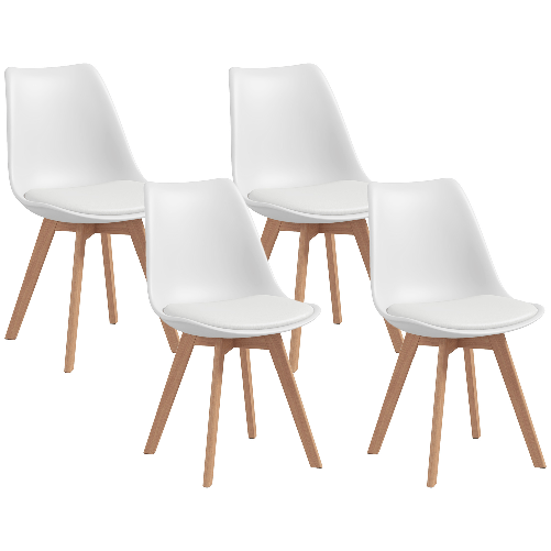 HOMCOM Set 4 Sedie da Pranzo Stile Nordico in Plastica con Gambe in Legno e Cuscino in Finta Pelle, Bianco