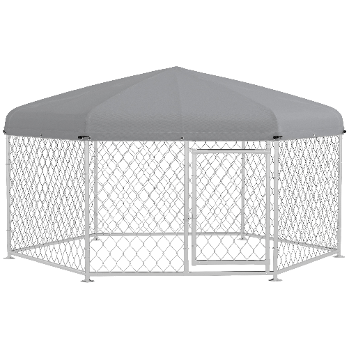 PawHut Recinto per Cani Taglia Grande con Tetto in Tessuto Oxford Anti UV, 2.1x1.85x1.5m, Argento e Grigio