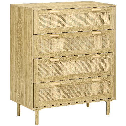 HOMCOM Mobile Cassettiera 4 Cassetti Stile Boho in Legno e Rattan, 90x45x108.5cm, Rovere