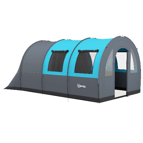 Outsunny Tenda da Campeggio 5 Posti Impermeabile con Zona Notte e Giorno, in Poliestere, 480x260x200 cm, Grigio e Blu