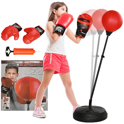 HOMCOM Punching Ball da Terra per Bambini da 5-10 Anni con Guantoni e Altezza Regolabile, Rosso