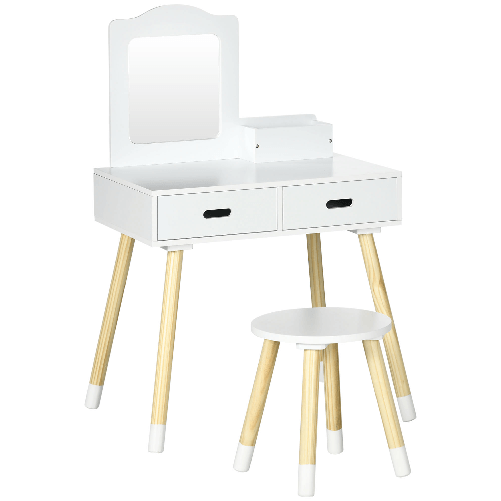 ZONEKIZ Set Toeletta per Bambini con Tavolo Trucco e Sgabello, Specchio e 2 Cassetti, Bianco e Colore Legno