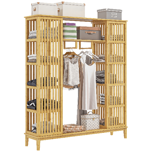 HOMCOM Armadio Aperto in Bambù con 2 Ante Scorrevoli, Ripiani Aperti e Barra Appendiabiti, 145x35x165cm