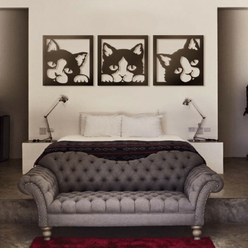 Quadro Trittico Gatti neri traforati Cat 48 x 144 cm Nero