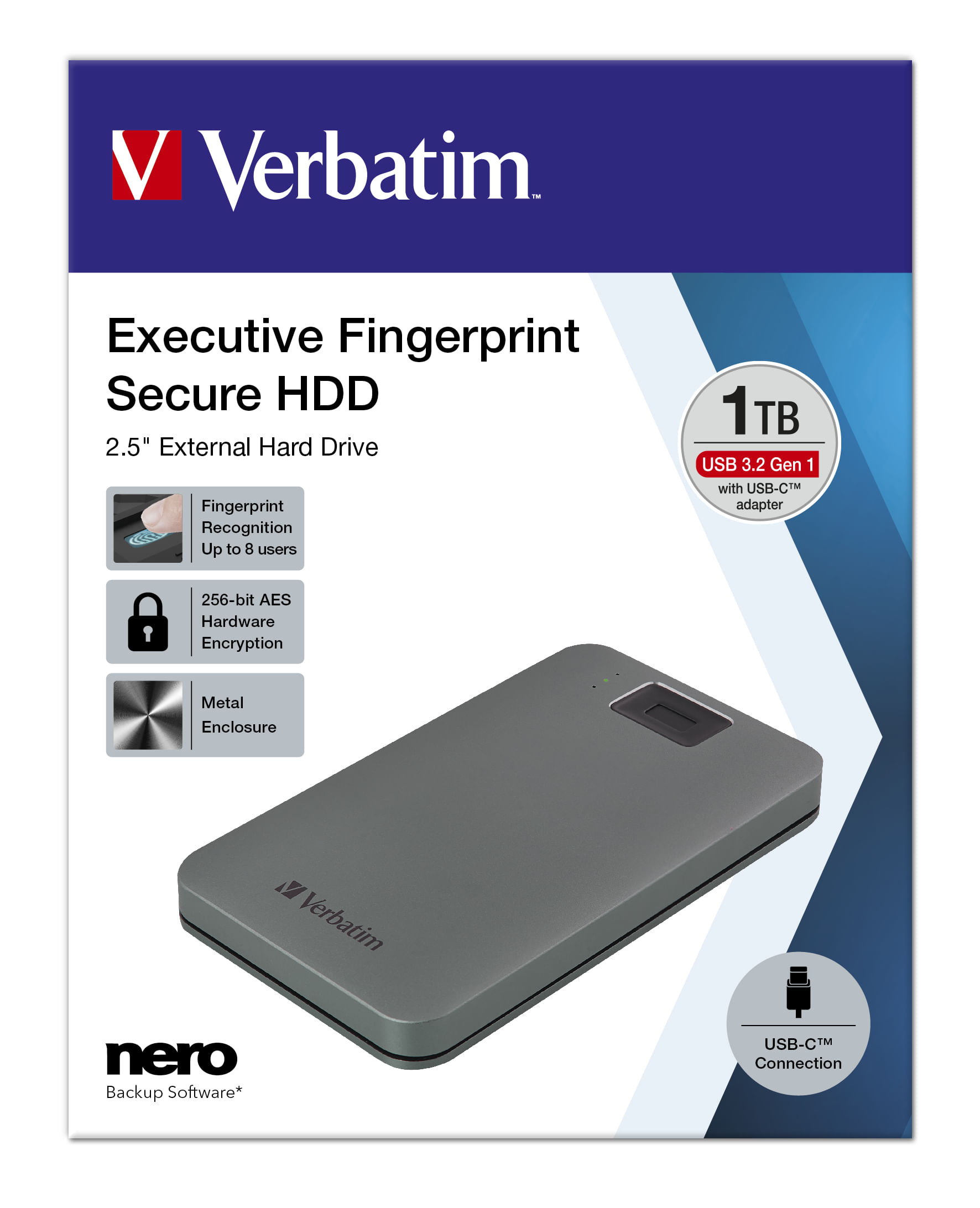 Verbatim 53652 disco rigido esterno 1000 GB Grigio (Verbatim Executive Fingerprint Secure HDD USB 3.2 Gen1 1Tb) Verbatim 53652 disco rigido esterno 1