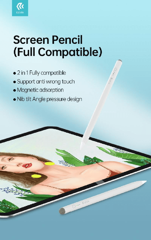 Devia Touch Pencil per tablet - Bianco - Ricarica Type-C - Batteria di lunga durata - Universale