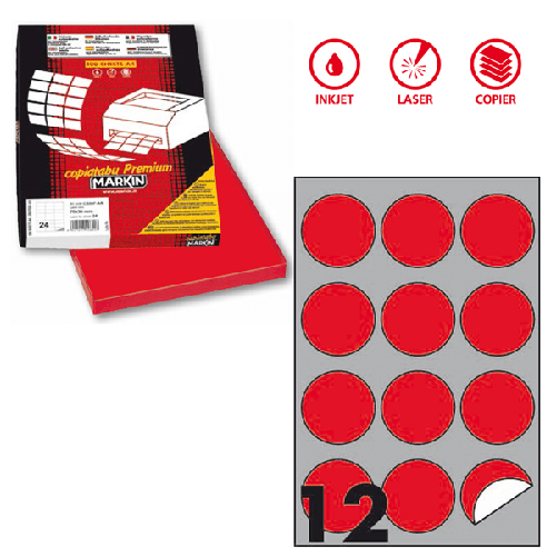 MARKIN Etichetta adesiva R/310 rosso fluo 100fg A4 tonda D60mm (12et/fg) Markin