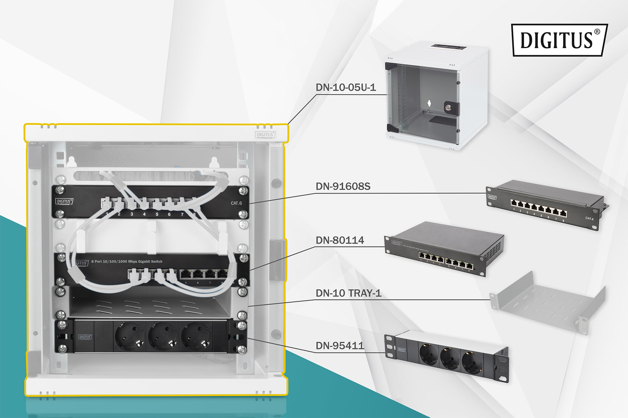 Digitus 10 inch network bundle - including 6U cabinet - grey shelf - PDU - 8-port switch - CAT 6 patch panel Digitus Set di rete 254 mm (10")