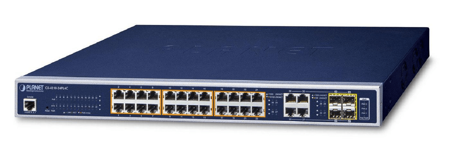 PLANET GS-4210-24PL4C switch di rete Gestito L2/L4 Gigabit Ethernet (10/100/1000) Supporto Power over Ethernet (PoE) 1U Blu