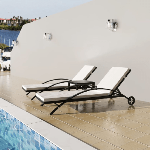 VidaXL 42491 sedia da esterno Salone Seduta imbottita Rattan sintetico, Acciaio Crema, Bianco Lettini Prendisole con Tavolino in Polyrattan Nero