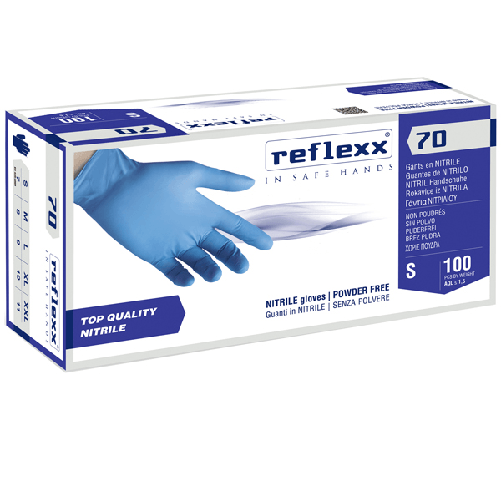 Conf 100 Guanti In Nitrile R70 tg S Senza Polvere azzurro Reflexx