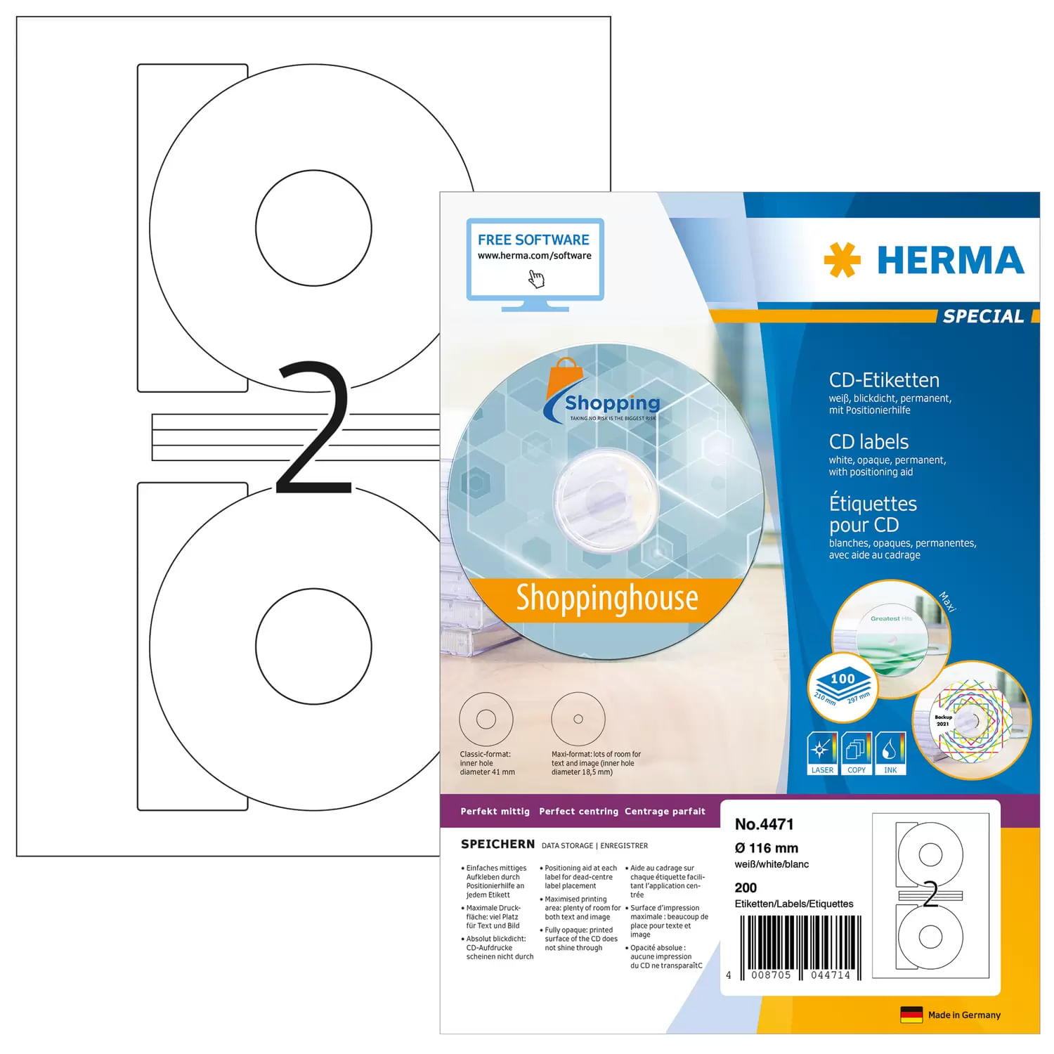 Herma Etichette per CD HERMA Etichetta per CD. Ã Æ Ã Å 116 mm 4471 bianco HERMA 4471 etichetta autoadesiva Cerchio Permanente Bianco 200 pz