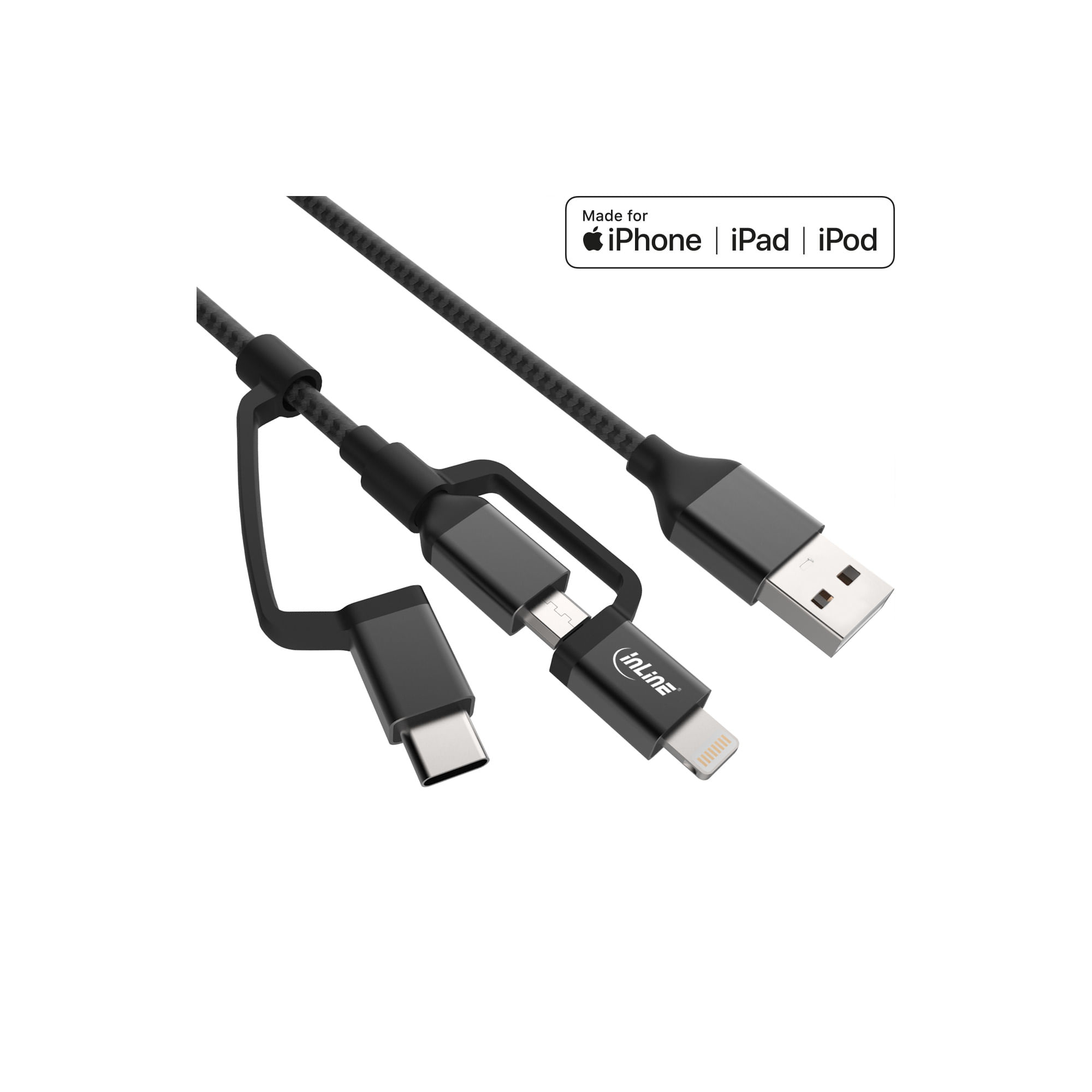 InLine Cavo USB 3 in 1 - Micro-USB-Lightning-USB-C - nero-alluminio - 1,5 m MFi InLine Cavo USB Lightning per iPad, iPhone, iPod, argento, tessuto, 1m