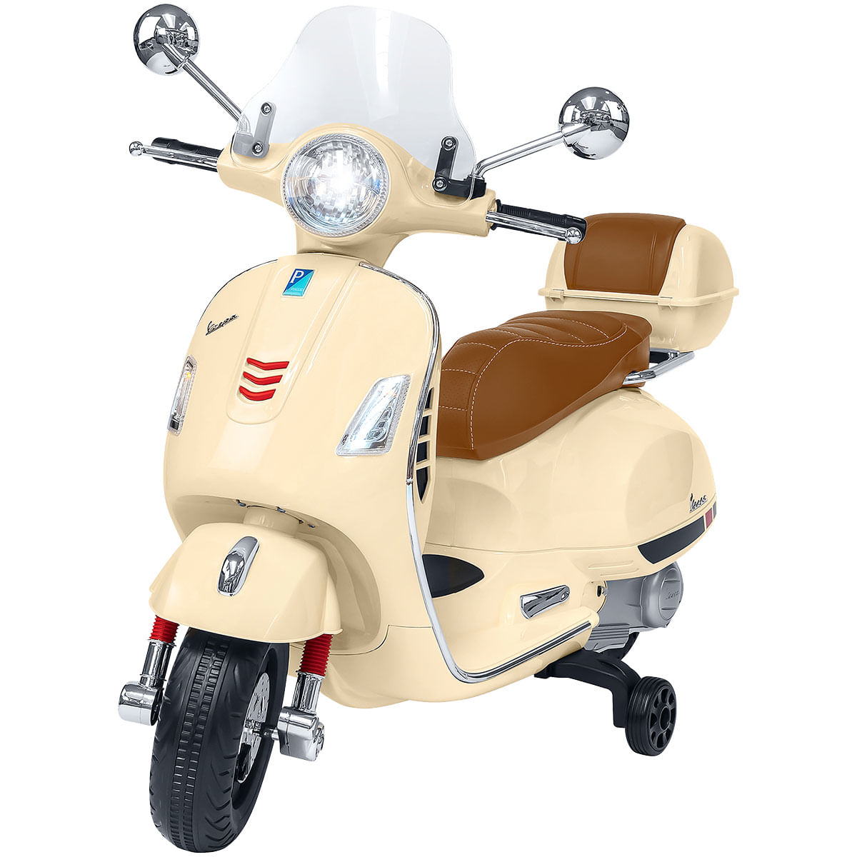 Globo E-Spidko Vespa GTS Super Sport a batteria 12V, colore crema, mis. 102 x 75 x 51 cm, accensione con effetti sonori GLOBO E-Spidko Vespa GTS Super