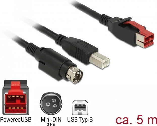 Delock Cavo PoweredUSB maschio 24 V > USB tipo B maschio Hosiden Mini-DIN 3 pin maschio 5 m per stampante POS e appuntam DeLOCK 85491 cavo USB USB 2.0
