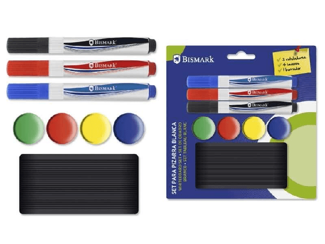 Bismark Confezione da 3 pennarelli per lavagna + 4 magneti + gomma - Colori assortiti Bismark 329311 accessorio per lavagne bianche interattive Pennar