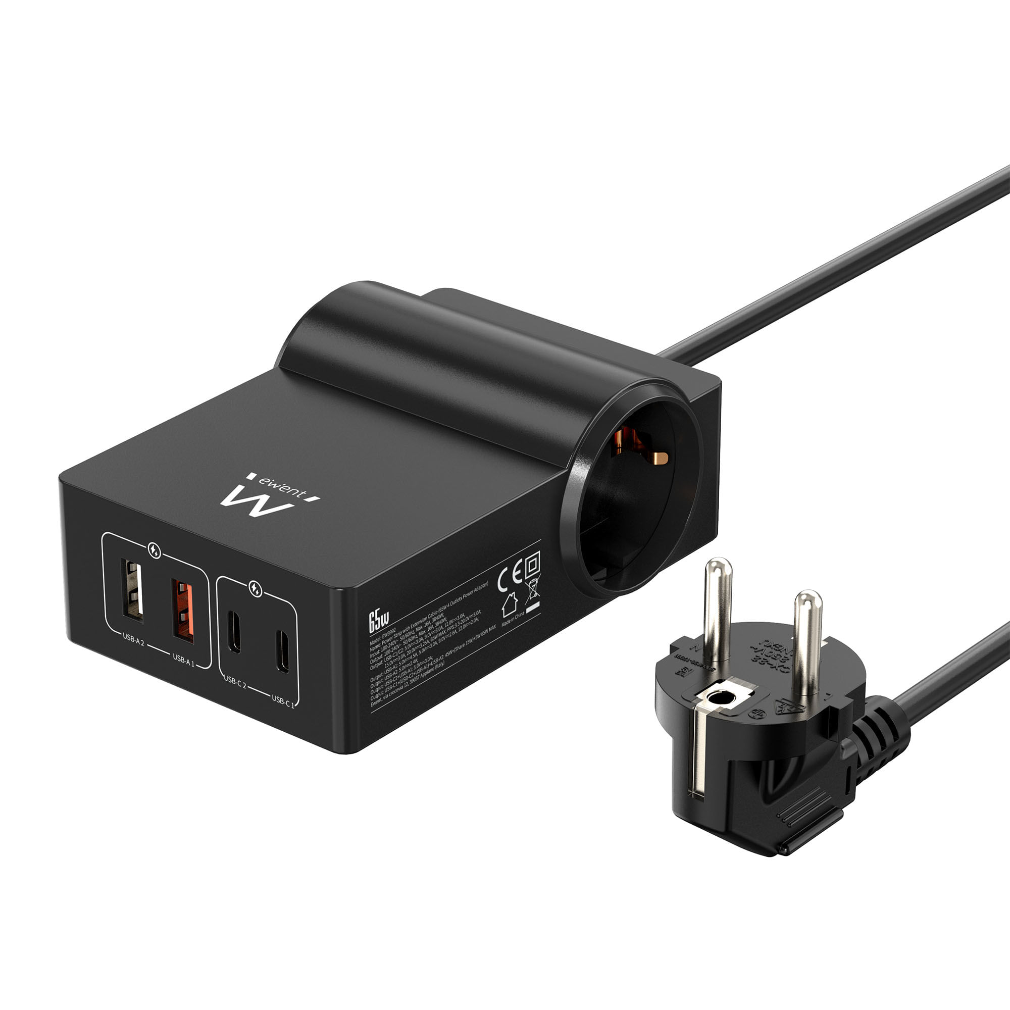 EWENT MULTIPRESA DA SCRIVANIA 2 PRESE SCHUKO+2 PORTE TYPE-C+2 USB 65W EW3992 Ewent EW3992 prolunghe e multiple 1,5 m 2 presa(e) AC Interno Nero