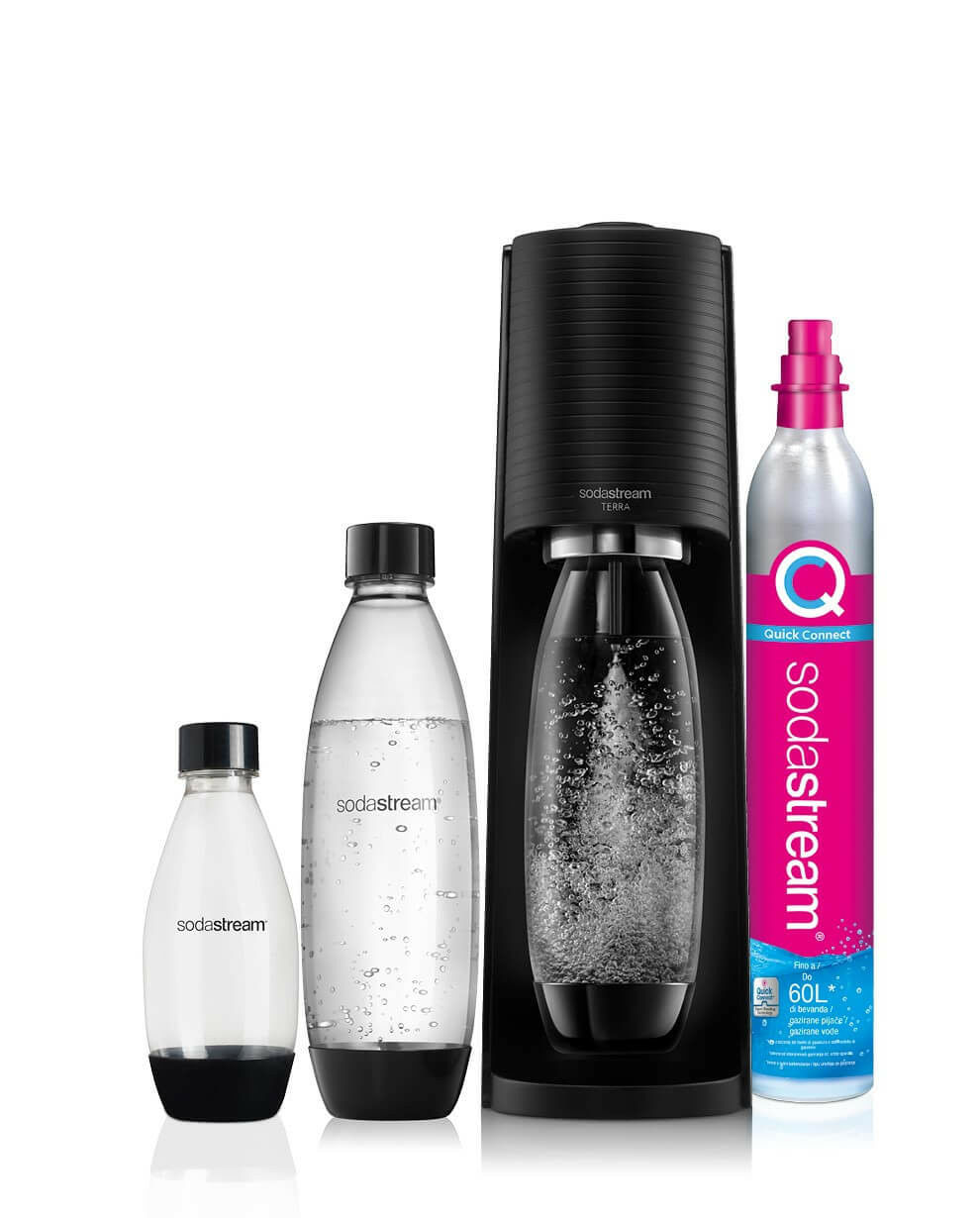 Sodastream Megapack Terra Gasatore d'Acqua Nero 2 Bottiglie da 1 Litro 1 Bottiglia da 0,5 Litro 1 Cilindro Co2 SodaStream Terra Nero Value Pack Metall