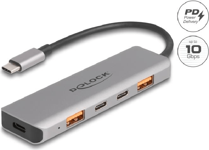 Delock USB 10 Gbps 2 Port USB Typ-A + 2 Port USB Type-C Hub mit USB Type-C Anschluss und PD 95 Watt