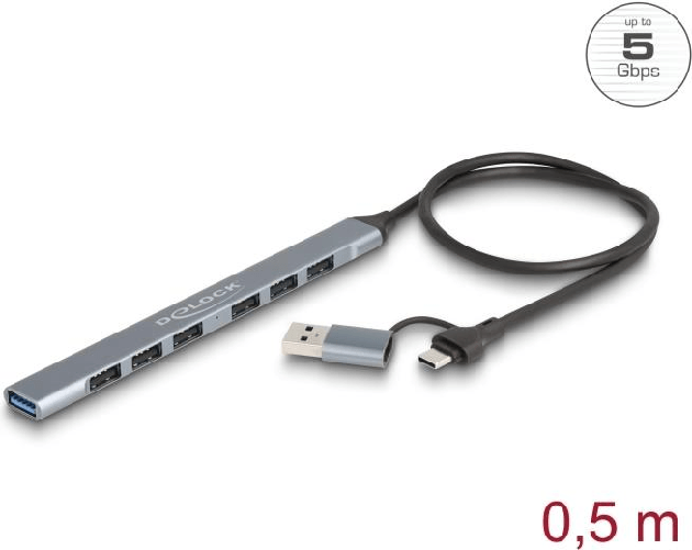 Delock Hub USB sottile a 7 porte con USB Tipo-C o USB Tipo-A a 1 x USB 5 Gbps Tipo-A + 6 x USB 2.0 Tipo-A