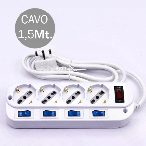 V-TAC Multipresa con Cavo 15m 4 Prese 10/16A 2P+T Bipasso + Schuko a 45° con Interruttore Generale e 4 Singoli Spina V-TAC 8737 prolunghe e multiple 1